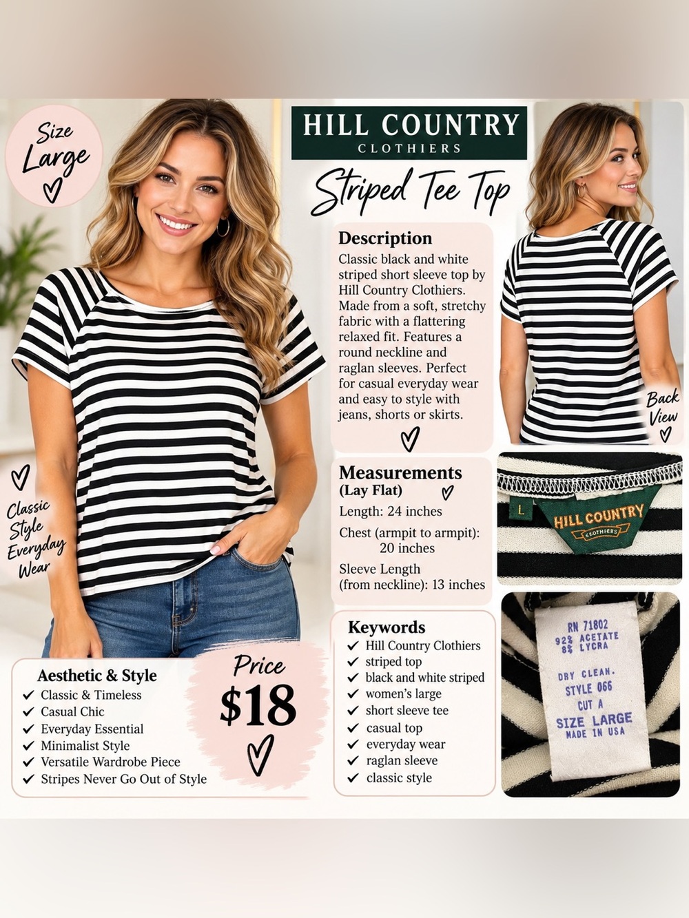Hill Country Striped Short Sleeve Top in Black & White Size Large